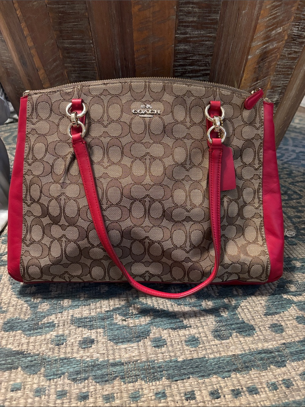 Coach Brown Signature Canvas Shoulder Tote with Red Trim